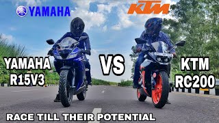 YAMAHA R15V3 VS KTM RC 200  RACE TILL THEIR POTENTIAL  HIGHWAY BATTLE  TOP END [upl. by Arimay]