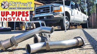 2001 F350 73  RiffRaff UpPipes Install  Stock up pipes leaking and falling apart JUNK SP [upl. by Joly]