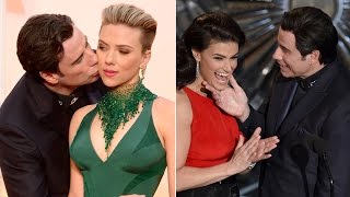 John Travolta gets awkward with Scarlett Johansson Idina Menzel at Oscars 2015 [upl. by Esertak]